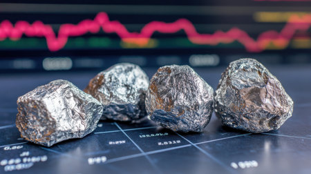 Metallic ores are displayed in front of a financial chart, showcasing a contrast between raw resources and economic analysis, ideal for financial topics.の素材