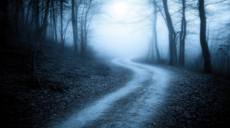 A serene and mysterious path winding through a foggy forest, inviting contemplation and exploration. The interplay of light and shadow creates an enchanting atmosphere.の素材