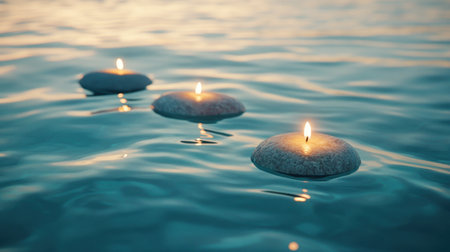 Three floating candles rest gently on calm water, creating a serene atmosphere. This image captures tranquility and peacefulness during twilight hours.の素材