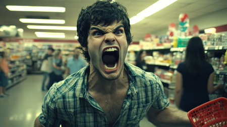 A young man displays intense anger while shouting in a grocery store aisle, showcasing raw emotion amidst a busy shopping backdrop.の素材