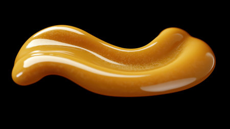 A smooth golden paste spreads elegantly on a black background, showcasing its glossy texture and rich color, ideal for culinary presentations and recipes.の素材