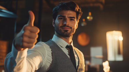 A confident young man giving a thumbs up in a modern, stylish indoor setting, symbolizing positivity and achievement. Perfect for professional themes.の素材