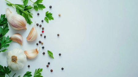 A beautiful arrangement of fresh garlic and parsley with assorted spices, perfect for culinary inspiration and healthy cooking. Ideal for food photography.の素材
