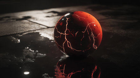 A vibrant sphere with electric patterns reflects on a wet surface, creating an atmospheric and dramatic visual. Perfect for abstract themes and designs.の素材
