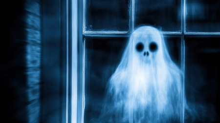An eerie ghostly figure appears in a window, exuding a chilling aura with blue light. This haunting scene evokes a sense of fear and mystery.の素材