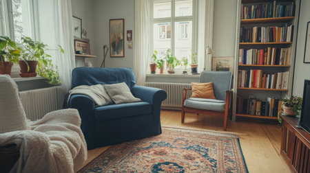 A bright and cozy living room featuring a comfortable sofa, bookshelf filled with books, and vibrant plants, perfect for relaxation and reading.の素材