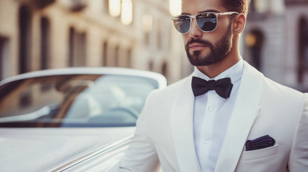 A stylish man dressed in a formal white suit and sunglasses stands confidently beside a luxury car. This image captures elegance and sophistication in an urban setting.の素材