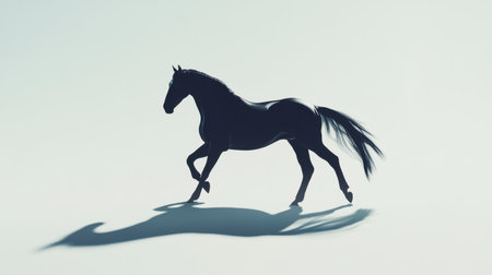 A sleek silhouette of a black horse in motion casting a shadow, symbolizing elegance and freedom against a minimalist background. Perfect for artistic themes.の素材
