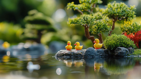 A delightful scene featuring colorful rubber ducks near a tranquil pond in a lush garden, showcasing reflections and vibrant greenery for a playful atmosphere.の素材