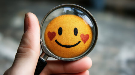 A close-up view of a cheerful smiley face inside a magnifying glass, showcasing joy and warmth. Perfect for themes of happiness, creativity, and exploration.の素材