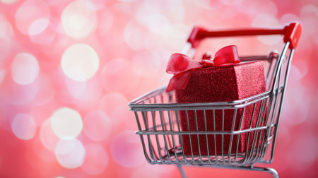 A vibrant shopping cart holds a beautiful red gift box tied with a ribbon, set against a colorful bokeh background, capturing the essence of festive shopping.の素材
