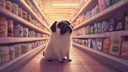 A cute pug sits patiently in a colorful pet food aisle, surrounded by various products. This charming scene captures the essence of pet care and shopping.の素材
