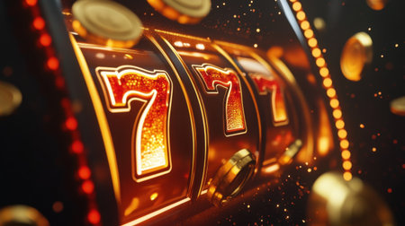 A vibrant casino slot machine close-up showcasing bright jackpot symbols. Captures the thrill of gambling and the excitement of winning big. Perfect for gaming-themed projects.の素材