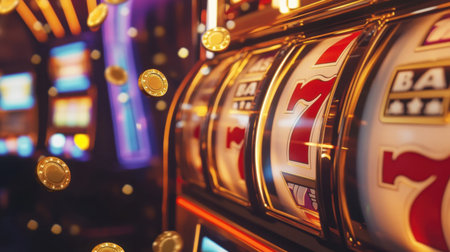 This vibrant image captures a slot machine with spinning reels and flying coins, evoking the excitement and thrill of a jackpot win in a casino setting.の素材