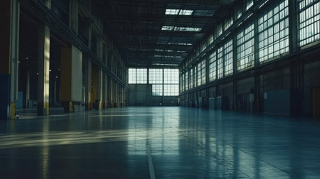 A vast empty industrial warehouse featuring high windows that allow natural light to flood the space, showcasing clean concrete floors and a minimalistic design.の素材