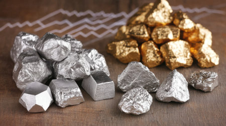 A collection of raw metal ores, featuring shiny gold and silver minerals, displayed on a wooden background, ideal for industrial and geological themes.の素材
