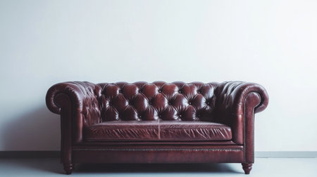 A beautiful leather Chesterfield sofa in rich brown color, set against a minimalistic wall. This piece brings elegance and comfort to any interior space.の素材