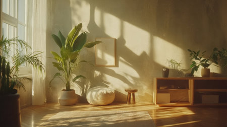 Bright and inviting indoor space featuring lush plants, soft sunlight, and minimal decor. A perfect backdrop for relaxation and tranquility. Ideal for lifestyle and home design themes.の素材