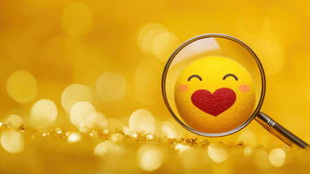 A bright and cheerful emoji featuring a heart, magnified against a vibrant yellow background, conveying joy and warmth. Perfect for expressing happiness.の素材