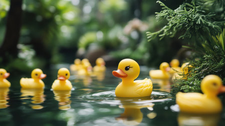 A charming scene featuring cheerful yellow ducks floating on a serene pond surrounded by lush greenery, evoking feelings of joy and tranquility.の素材