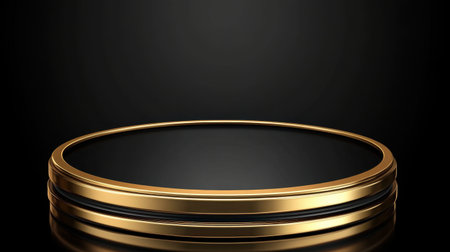 A striking circular platform featuring elegant golden edges against a deep black background. Ideal for showcasing products or artwork in a sophisticated manner.の素材