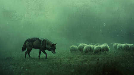 A lone wolf prowls through a mist-covered field, eyeing a flock of sheep in the distance. The serene yet eerie atmosphere captures the essence of predator-prey dynamics in nature.の素材