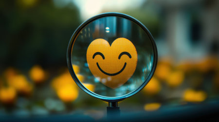 A cheerful yellow heart symbol magnified through a lens, surrounded by a beautiful natural background, radiating joy and positivity.の素材