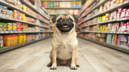 A joyful pug dog sitting in the aisle of a grocery store. This playful and adorable pet showcases a cheerful expression surrounded by colorful food products.の素材