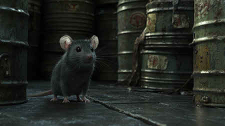 A small gray mouse stands attentively on a dark floor surrounded by rusty barrels, capturing a moment of curiosity in an industrial setting.の素材