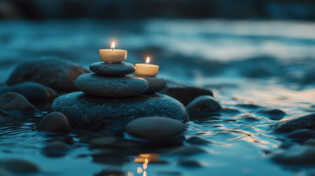 A serene composition featuring candles placed on stacked stones in calm water. This tranquil scene evokes feelings of peace, balance, and meditation, perfect for wellness themes.の素材