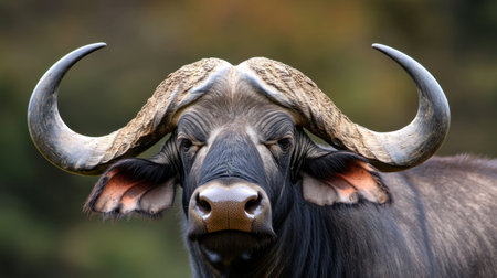 A stunning close-up of a majestic buffalo showcasing its impressive horns against a natural backdrop. This image captures the strength and serene beauty of wildlife.の素材