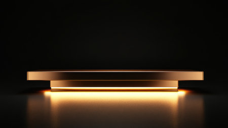 A sleek and elegant gold display stand featuring soft lighting, perfect for showcasing products or artwork. Ideal for modern and luxurious presentations.の素材