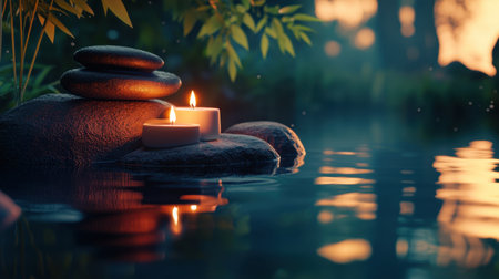 A serene spa scene featuring candles and smooth stones resting on still water, inviting relaxation and tranquility amidst a natural setting. Perfect for wellness themes.の素材