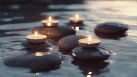 A serene scene of candles floating on water, surrounded by smooth stones. Perfect for evoking feelings of relaxation and tranquility in any setting.の素材