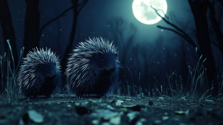 Two adorable porcupines wander through a dark forest illuminated by a bright full moon, capturing a tranquil and ethereal nighttime scene in nature.の素材
