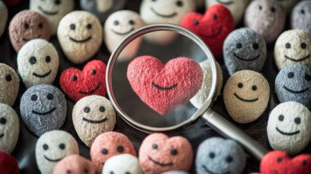 A charming composition featuring a red heart among smiling stones, highlighted by a magnifying glass, symbolizing love and positivity.の素材