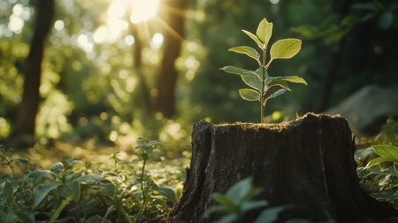 A young plant emerges from a tree stump in a sunlit forest, symbolizing renewal and growth. The scene captures the beauty of nature and resilience.の素材
