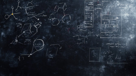 A chalkboard filled with various scientific diagrams and equations, ideal for educational materials or academic settings, showcasing creativity in science.の素材