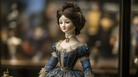This elegant vintage doll, dressed in a stunning blue gown, showcases intricate craftsmanship and timeless beauty, perfect for decor or collection.の素材