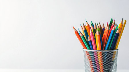 A vibrant assortment of colored pencils arranged in a mesh holder, set against a light background, perfect for illustrating creativity and artistic endeavors.の素材