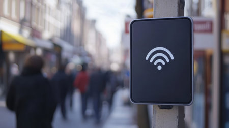 A street WiFi sign against a blurred urban backdrop, symbolizing connectivity and modern communication in bustling city life. Perfect for tech themes.の素材