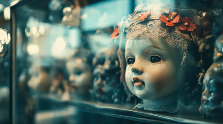 A close-up view of a vintage porcelain doll displayed in a glass case. The doll features delicate details, floral accents, and evokes a sense of nostalgia and history. Ideal for themes of childhood and antiques.の素材