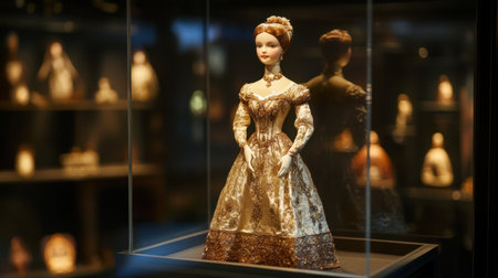 An elegant vintage doll displayed in a glass case, showcasing detailed craftsmanship and historical beauty, perfect for art and antique enthusiasts.の素材