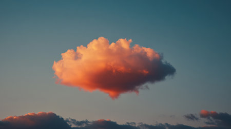 A stunning singular cloud illuminated by the warm colors of a sunset, creating a serene and tranquil atmosphere against a clear sky. Perfect for nature lovers.の素材