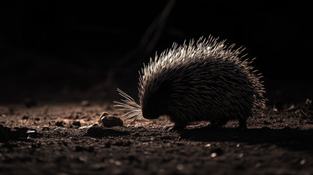 A striking silhouette of a porcupine foraging in low light, showcasing its unique spines against a dark backdrop, emphasizing the mystery of wildlife.の素材
