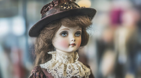 A charming vintage doll featuring a delicate hat and lace collar. The porcelain face has captivating eyes, making it an ideal collectible for enthusiasts.の素材