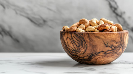 A beautiful wooden bowl filled with assorted nuts sits elegantly on a marble countertop, showcasing a blend of textures and natural colors, perfect for healthy snacking.の素材