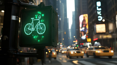 A green bicycle signal illuminated in a busy urban environment, highlighting the importance of cycling in city traffic. Yellow taxis and pedestrians add to the lively scene.の素材