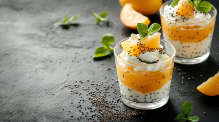 A vibrant dessert featuring layers of creamy citrus and chia seeds, garnished with fresh mint. Perfect for healthy snack lovers and festive occasions.の素材