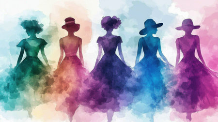 This vibrant watercolor artwork features silhouettes of fashionable women in flowing dresses, showcasing modern style and feminine beauty in a playful manner.の素材